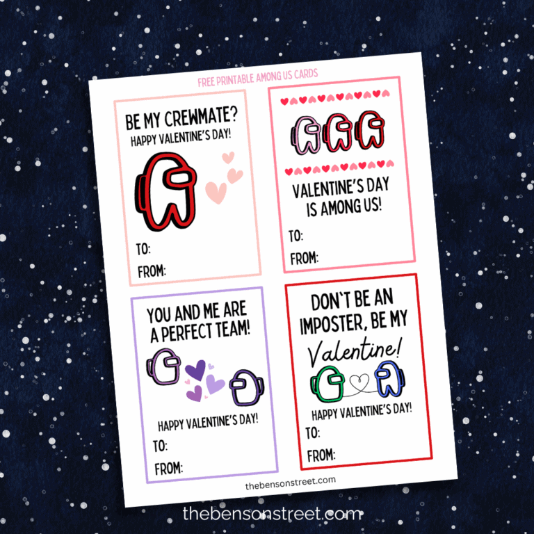Among Us Themed Valentine's Day Cards on a Space Background