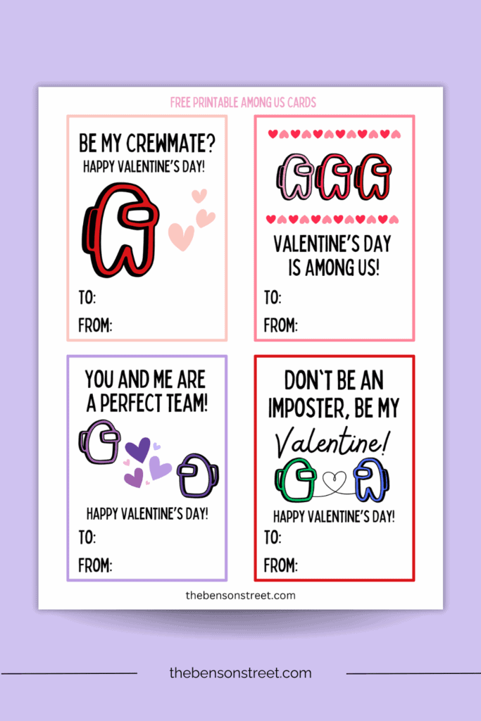 Be My Crewmate and other among us valentines on a purple background