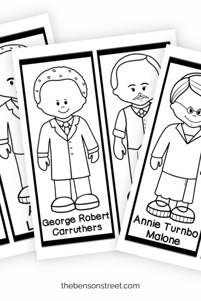 Black History Month Famous Inventors Coloring Bookmarks for kids in a fanned out stack
