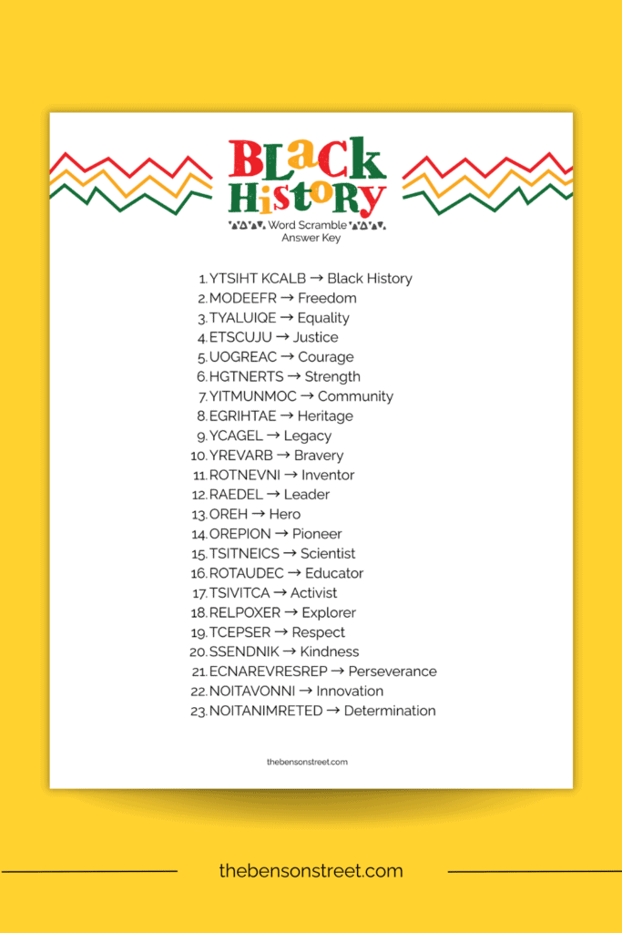 Black History Month Word Scramble Answer Key page