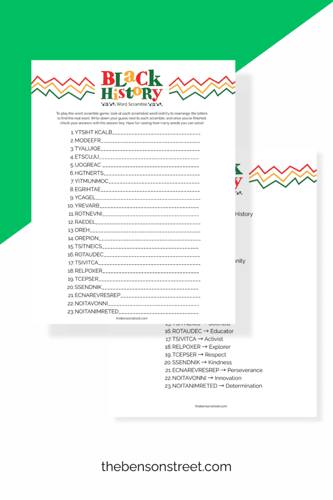 Black History Themed word scramble with an answer key behind it 