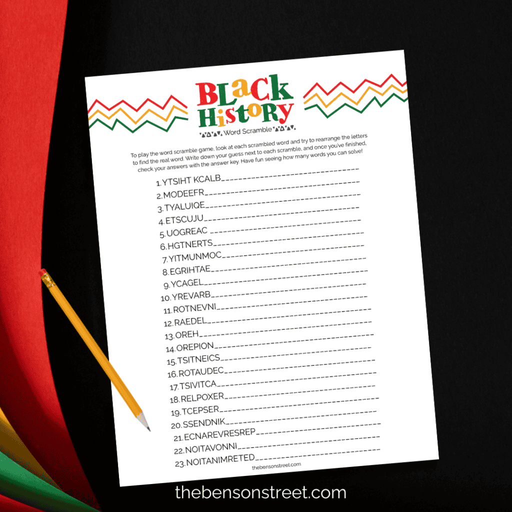 Black History Word Scramble Game for kids
