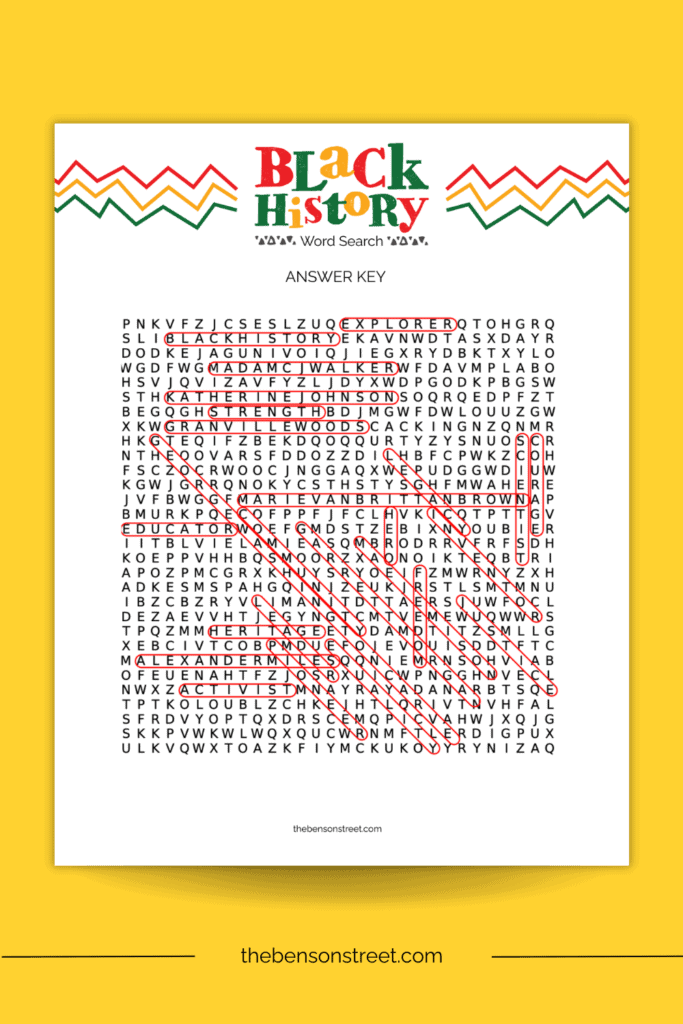 Black History Word Search Answer Key for free printable