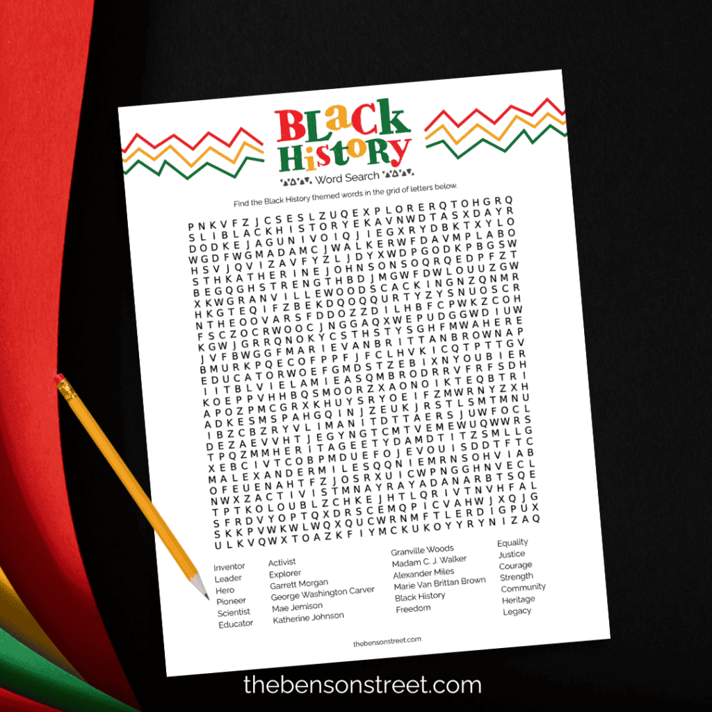 Black History Word Search Puzzle Game with a pencil on top 