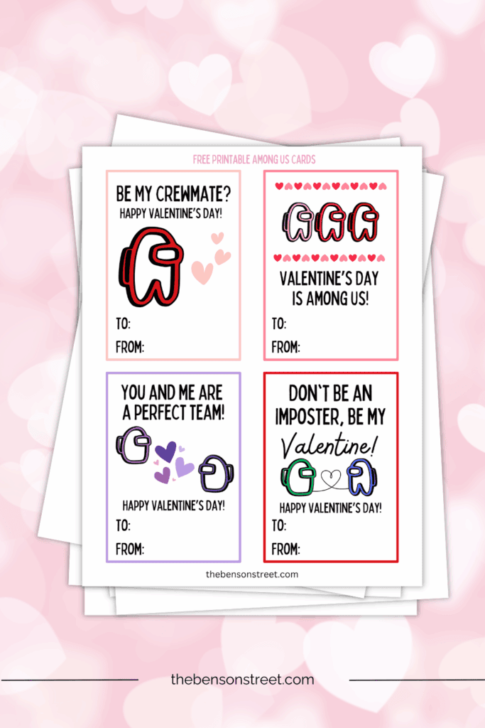 Classroom Valentine's Day Cards Free Printable Digital Download featuring astronaut among us characters