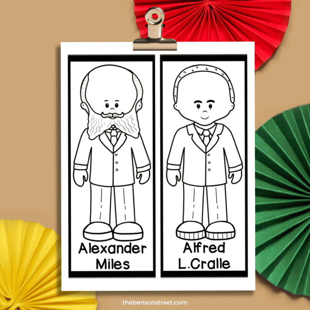 Clip with Alexander Miles and Alfred L Cralle coloring bookmarks on it