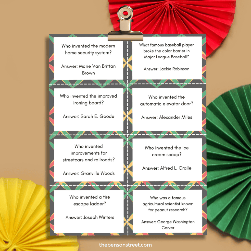 Clipboard with a black history trivia cards on it