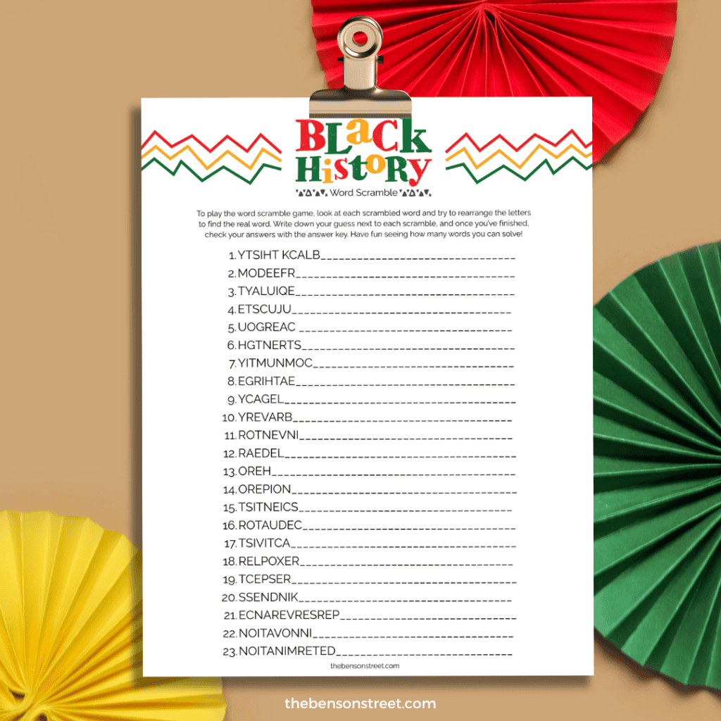 Clipboard with a black history word scramble puzzle on it