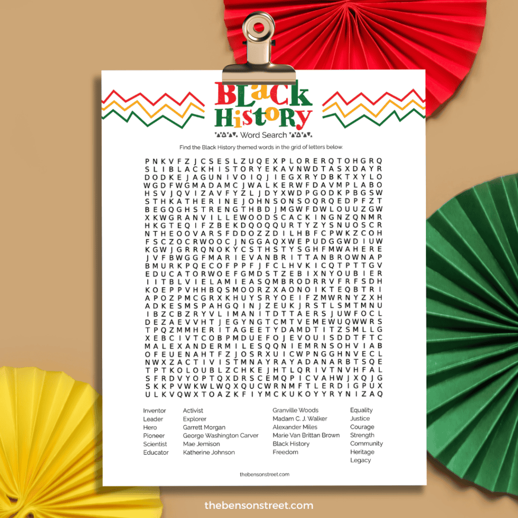 Clipboard with a black history word search puzzle on it