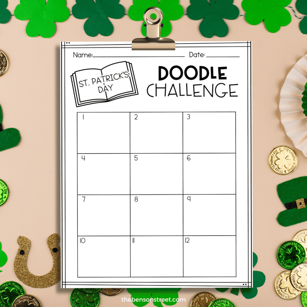 Clipboard with a printed out St. Patty's Doodle Challenge on it
