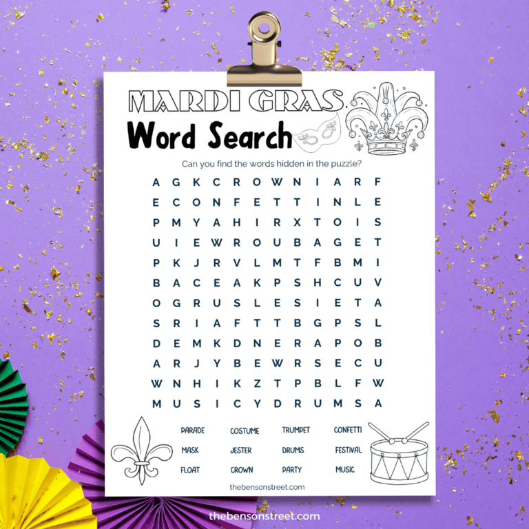 Clipboard with a printed out mardi gras word search coloring page on it