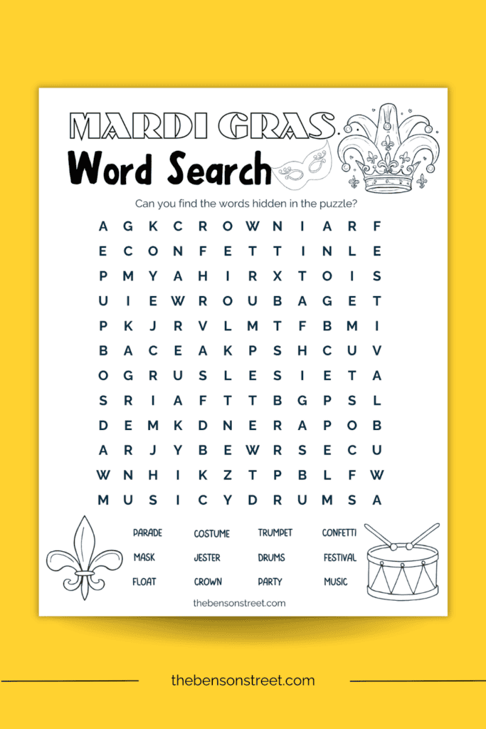 Coloring Word Search for Mardi Gras Holiday