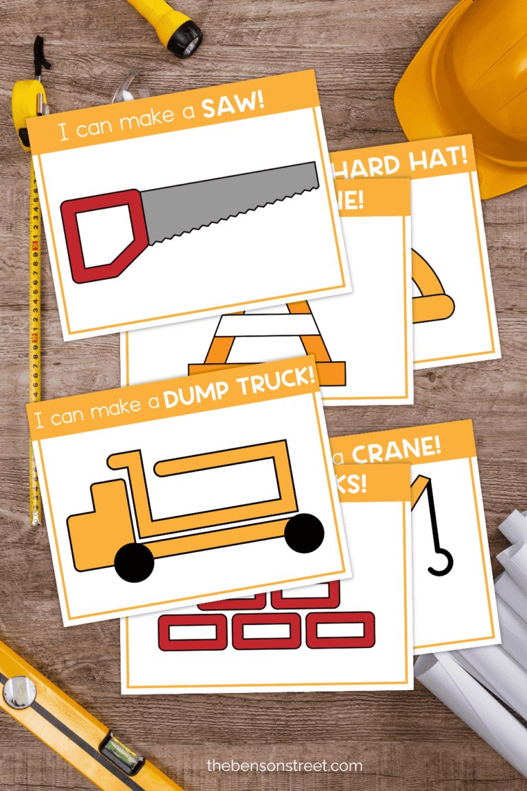 Construction themed play mats for playdough on a wood background