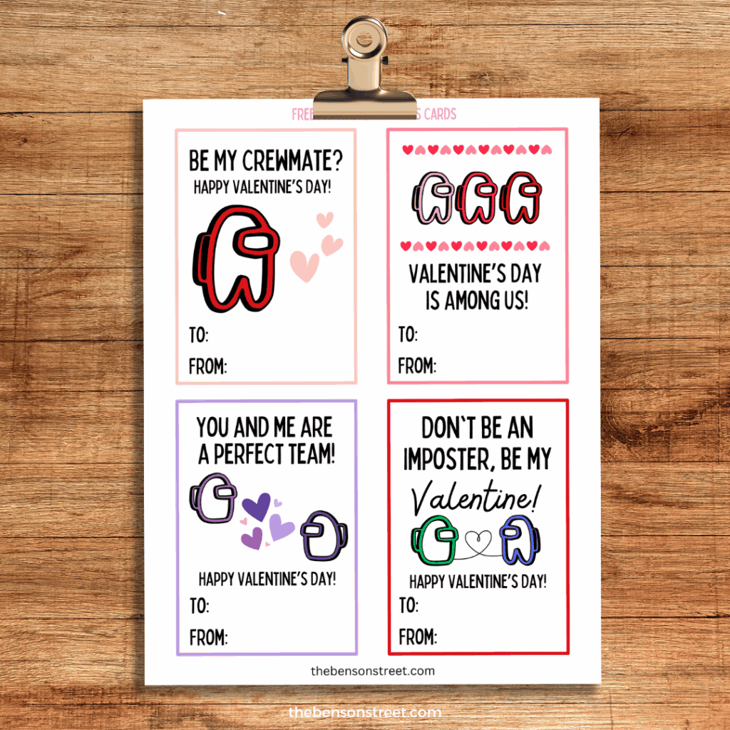 Crewmate Among Us Printable Valentine Cards on a clipboard