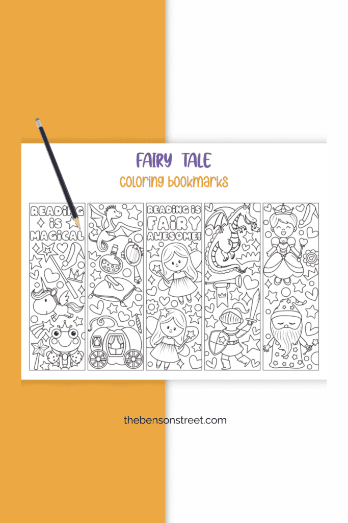 Fairies, princesses, knights and more to color on these fairy tale bookmarks