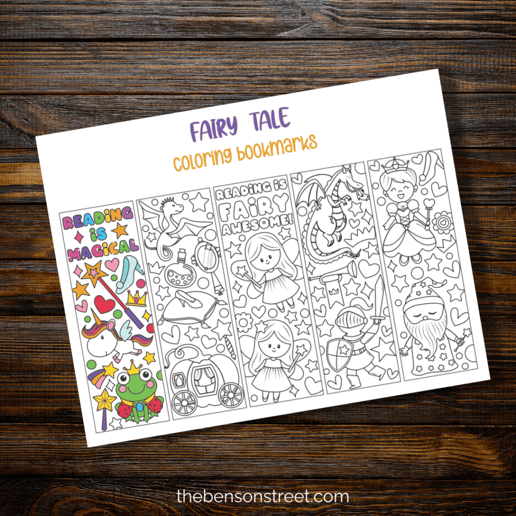 Fairy Tale Coloring Bookmarks on a table with one colored in