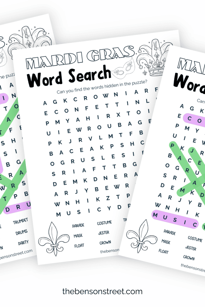 Fanned out Mardi Gras word search pages in a fanned out stack