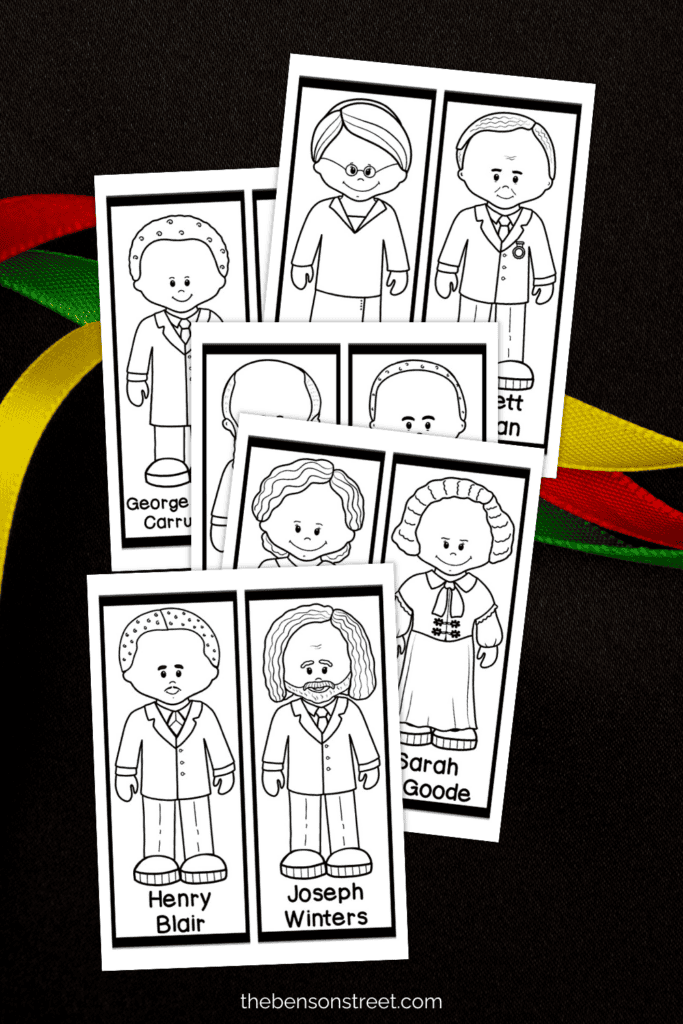 Five Free Pages of bookmarks with black inventors to color in 