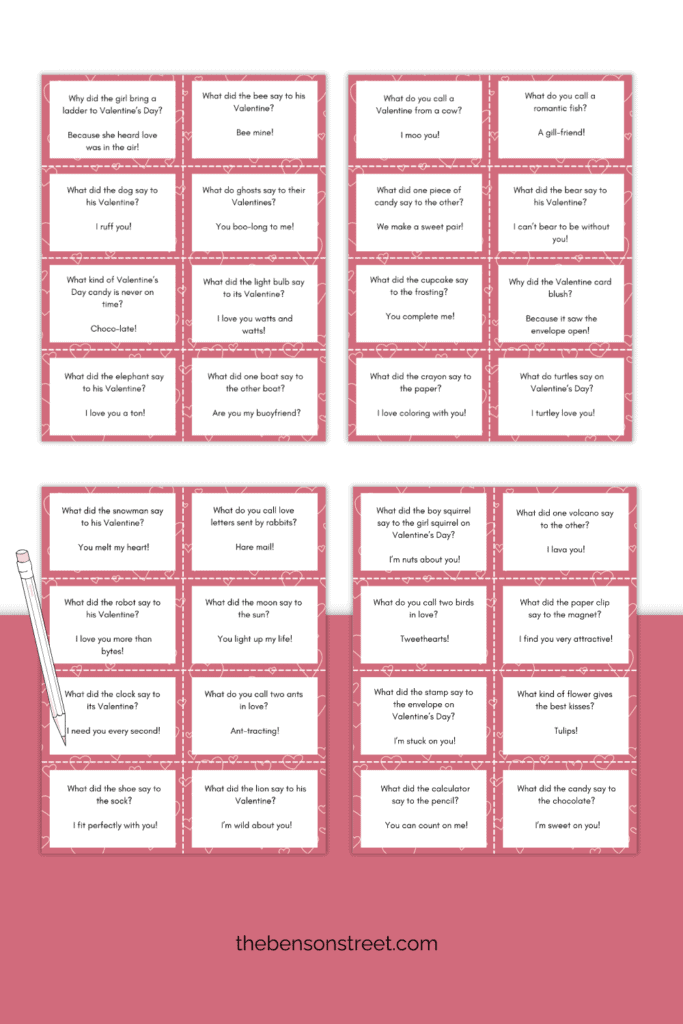 Four sheets of Valentine jokes for families free printable