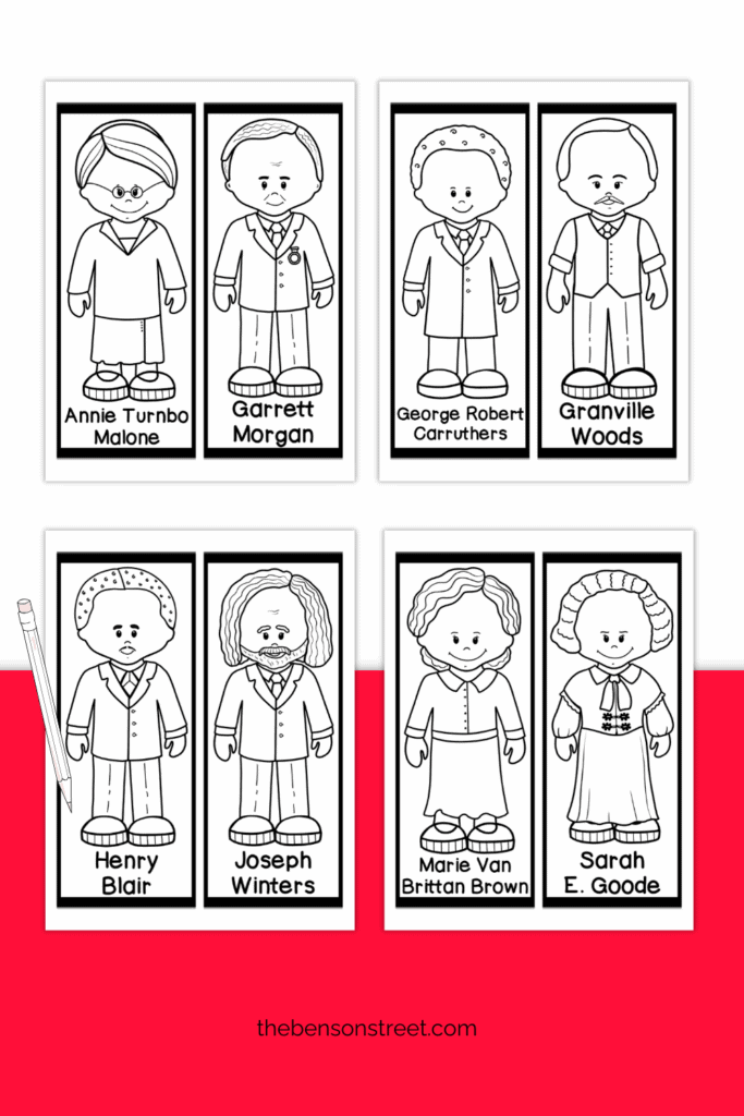 Four sheets of coloring bookmarks featuring famous inventors for Black History month 