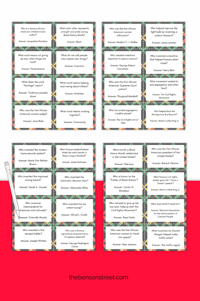 Four sheets of trivia questions for Black History Month
