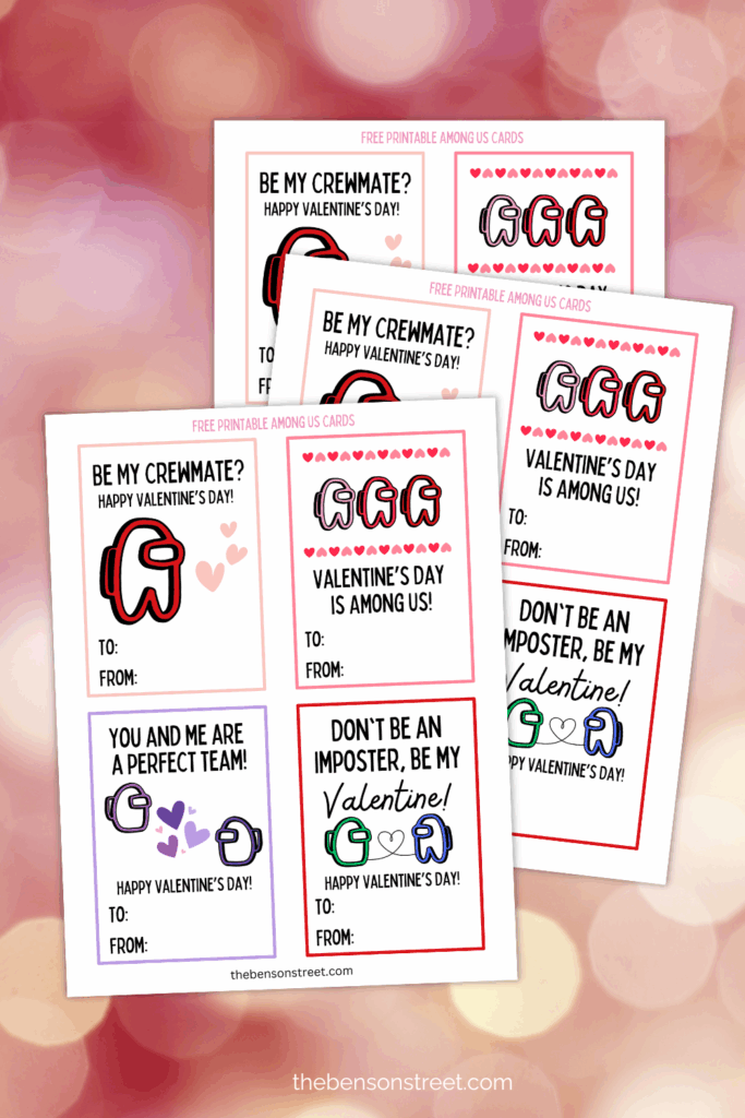 Free Printable Valentine's for easy classroom gifting print at home three sheets on a pink background