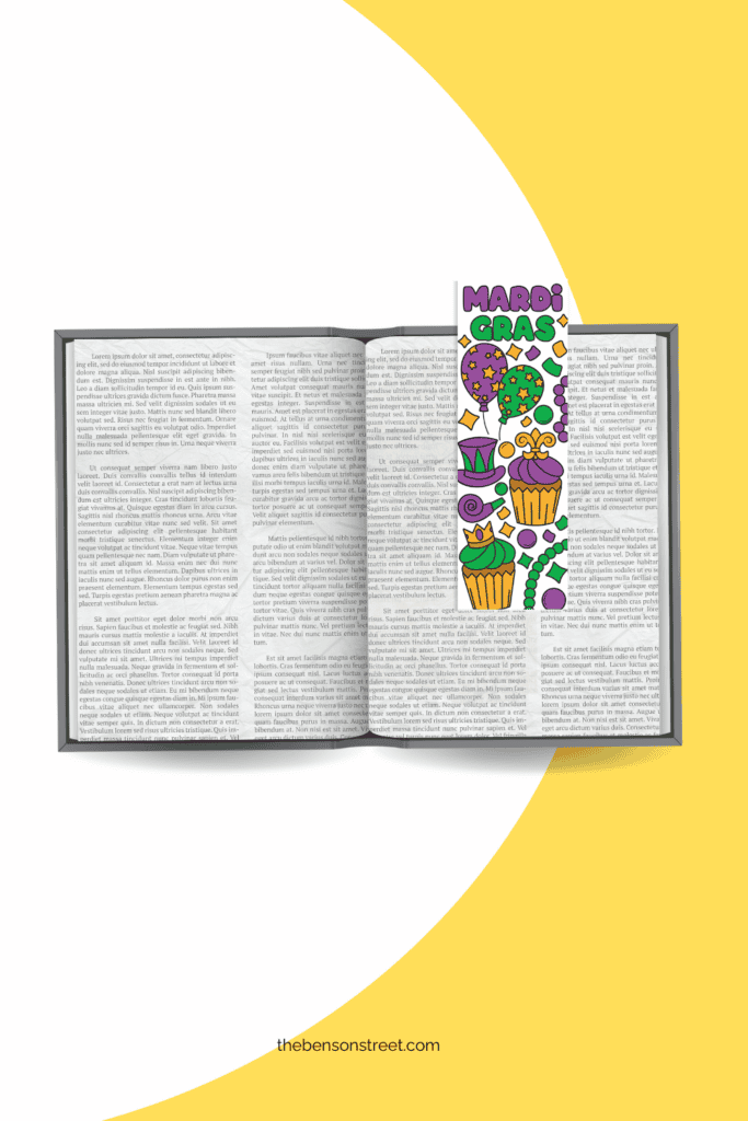 Free Printable bookmark colored for Mardi gras holding a place in a book