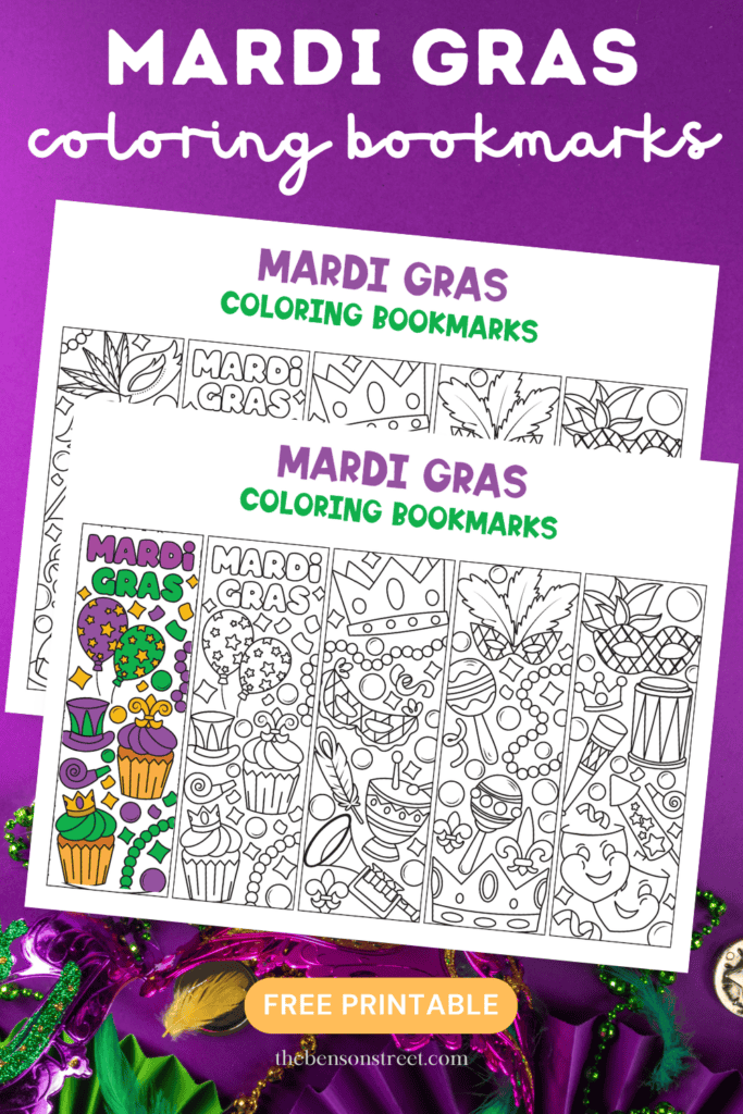 Mardi Gras Coloring Bookmarks Free Printable in five designs