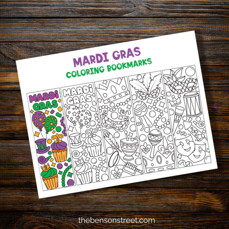 Mardi Gras Coloring Bookmarks on a table with one colored in