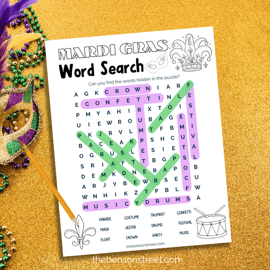 Mardi gras word search free printable with answer key