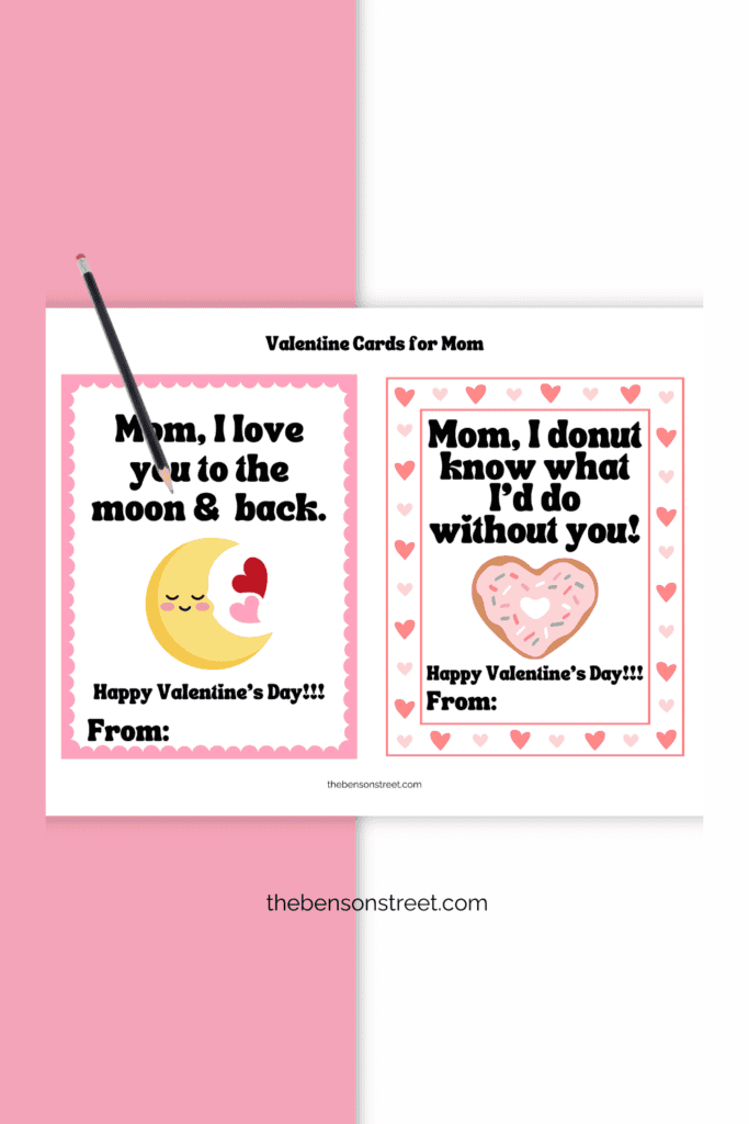 Page with a moon and donut valentine cards for mom on it
