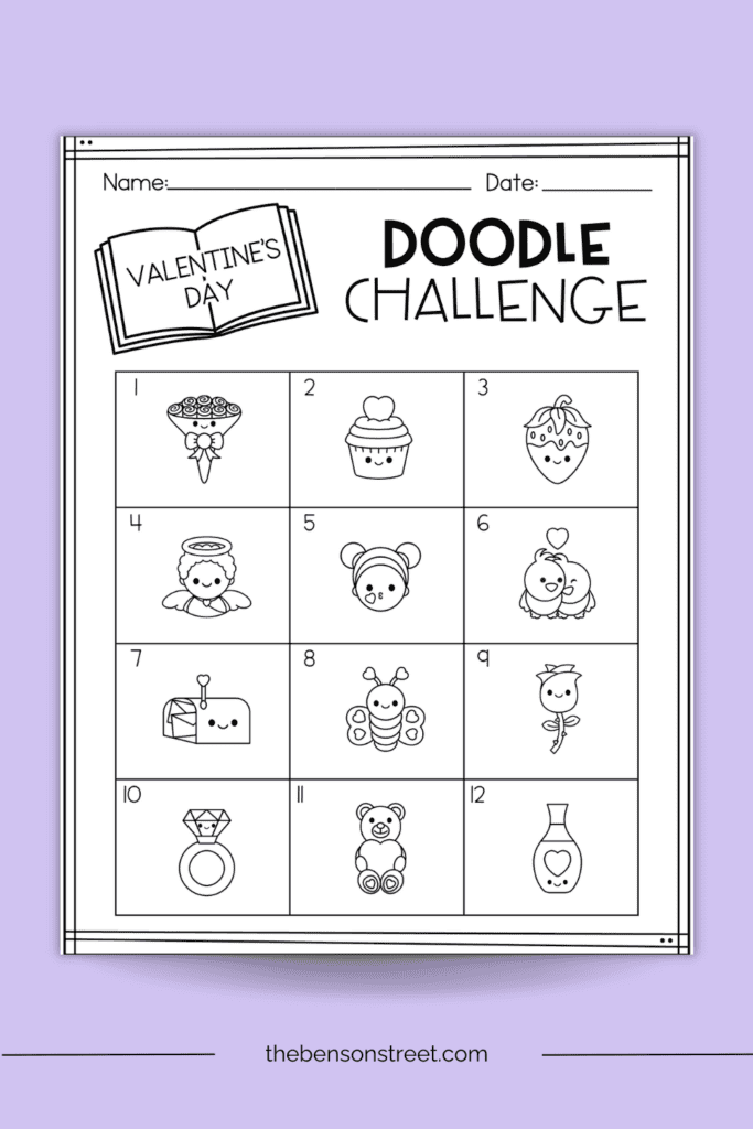Page with twelve doodles for Valentine's Day to try on it 