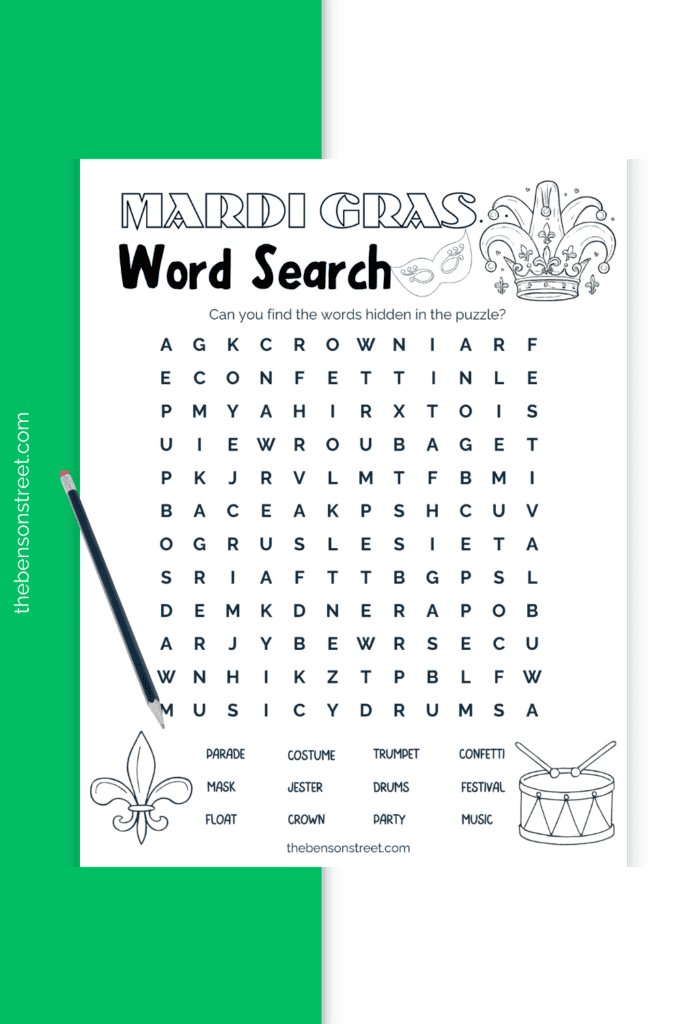 Pencil sitting on top of a kid's word search for Mardi Gras