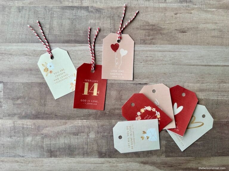 Pretty valentine tags laid out and shot from above