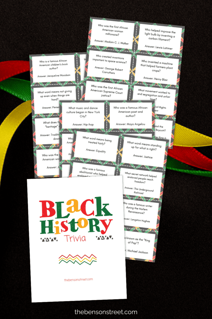 Printable Cards with Black History Trivia Questions for kids