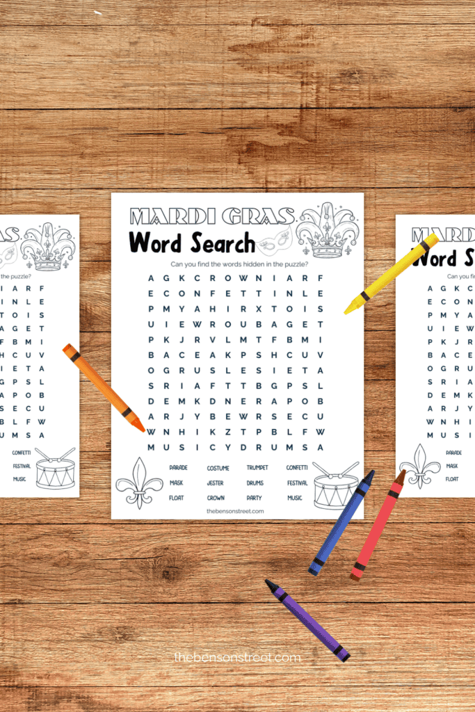 Printed out coloring word search with crayons around