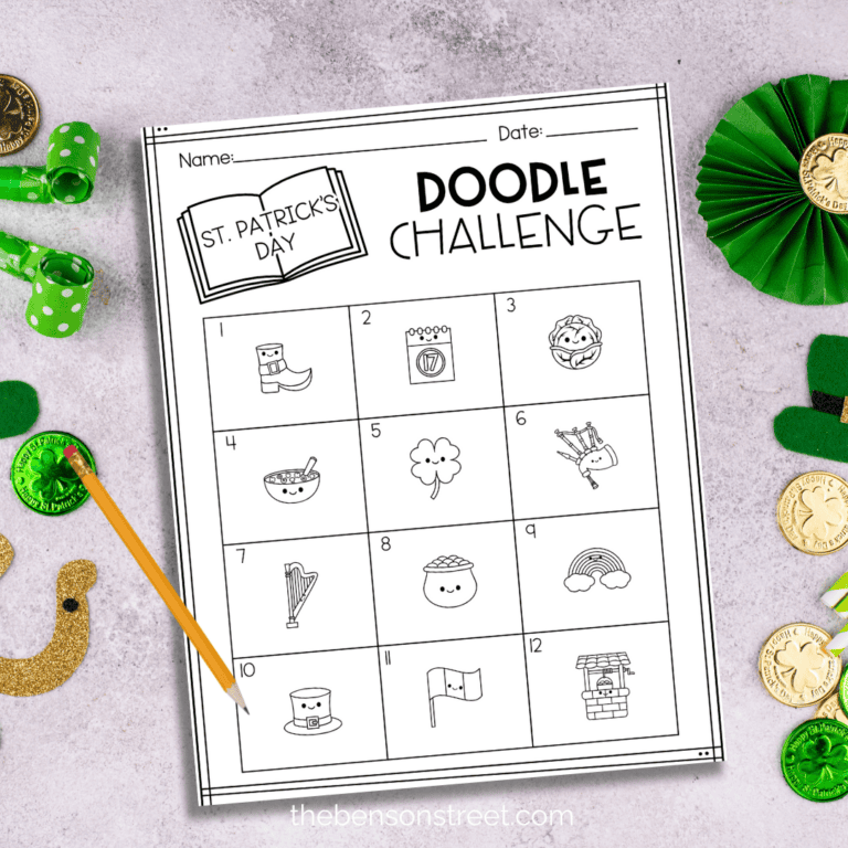 St. Patrick's Day Doodle challenge sheet with a pencil on top