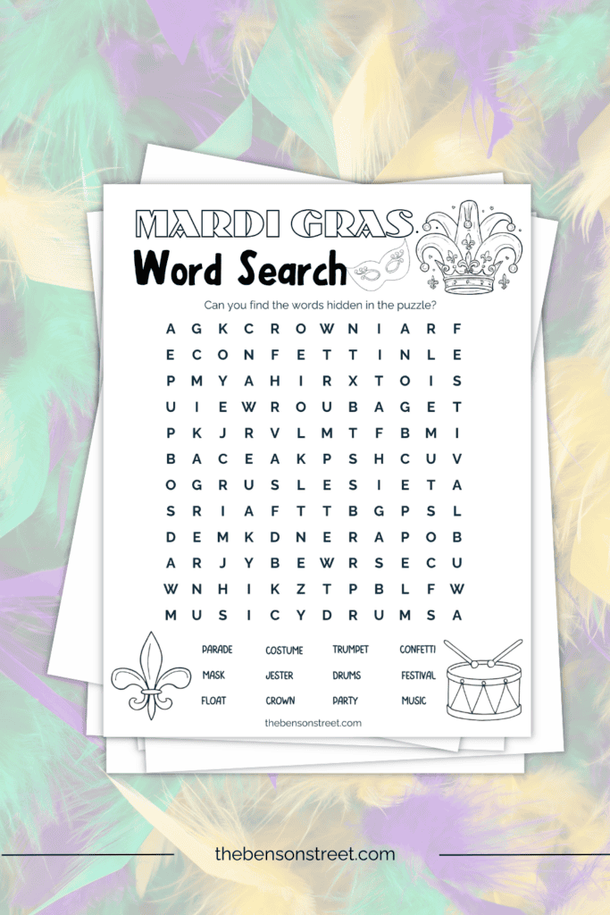 Stack of papers with a fat tuesday word search printable
