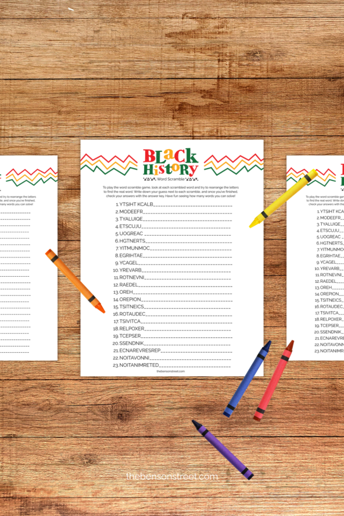 Table with an African American History word search on it with crayons