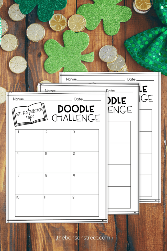 Three blank sheets with boxes to try drawing st. Patrick's day themed doodles
