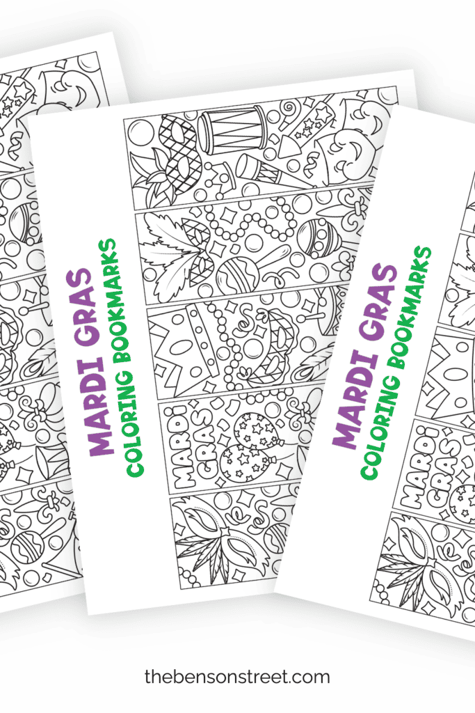 Three fanned out sheets of different mardi gras bookmarks to color in for kids