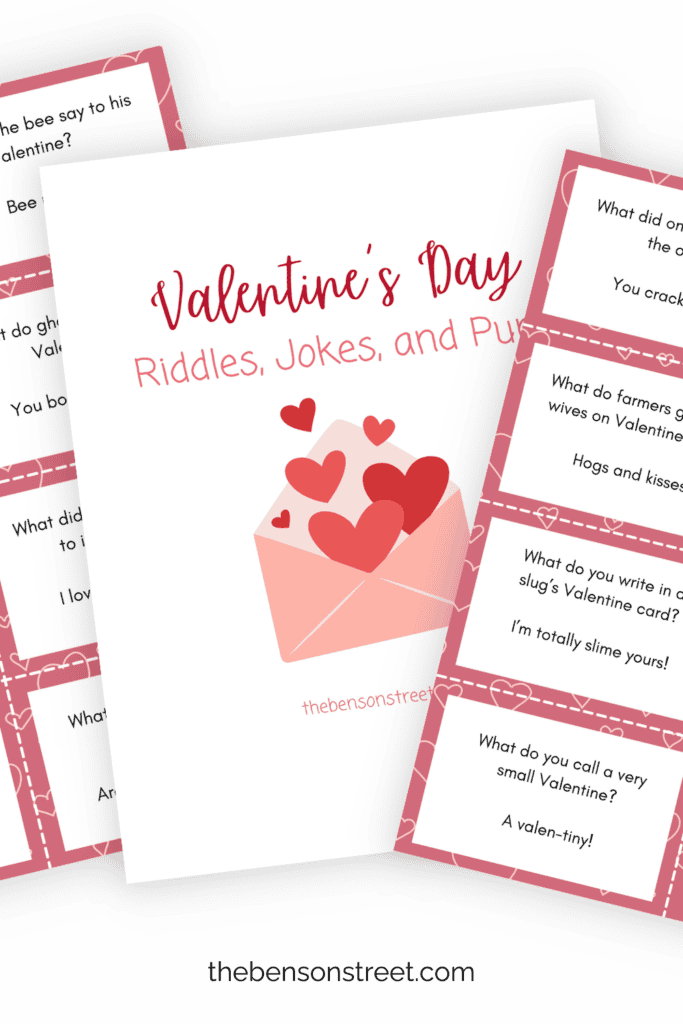 Three pages of Valentine's Day Riddles Jokes and Puns Cards in a fanned out stack