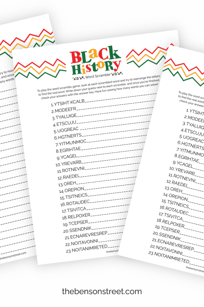 Three pages of a word scramble for Black History Month in February fanned out in a stack 