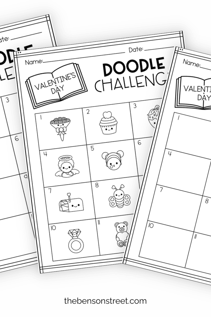 Three pages of doodles to try for Valentine's Day in a fanned out stack