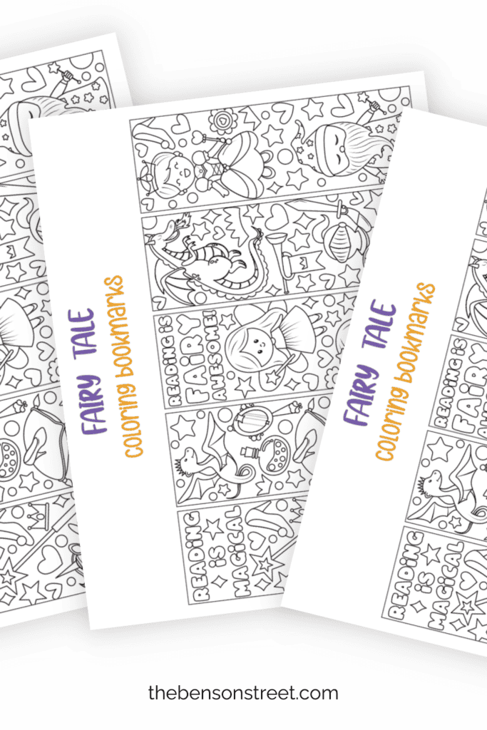 Three pages of fairy tale coloring bookmarks in a fanned out stack 