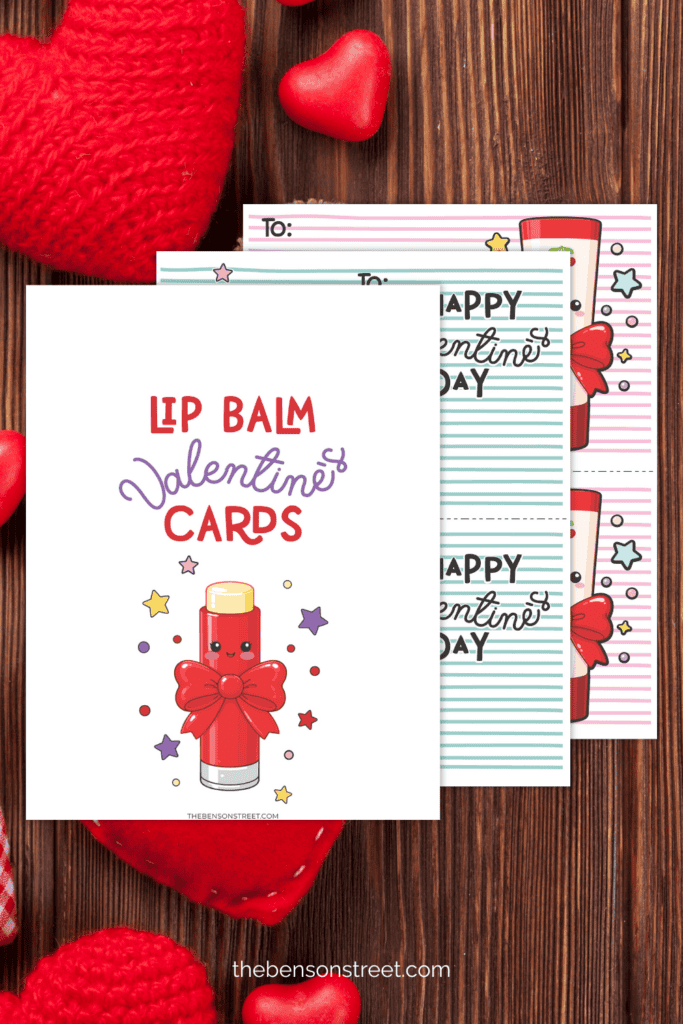 Three pages of lip balm valentine cards on a wood background