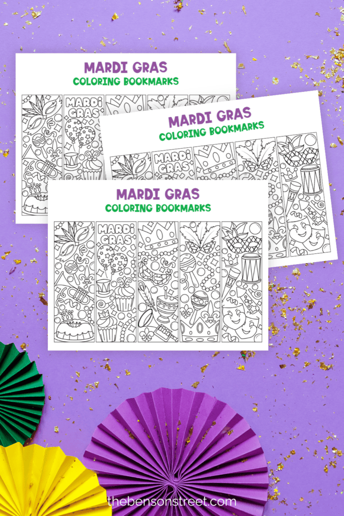 Three pages of mardi gras coloring bookmarks on a purple background