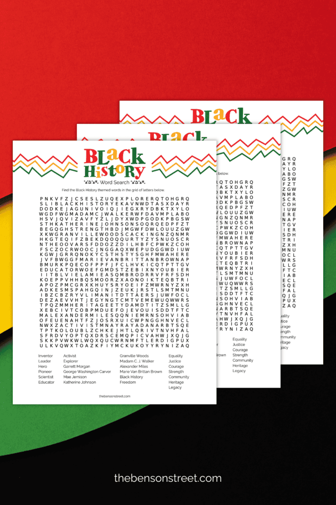 Three printed out black history word search sheets