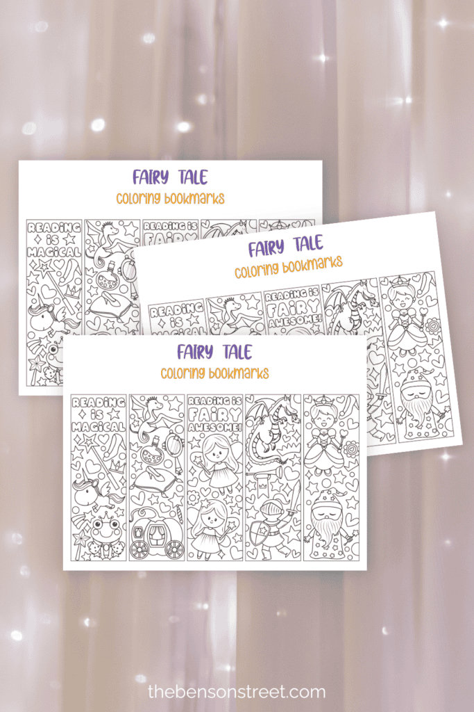 Three printed out pages of black and white fairy tale themed bookmarks