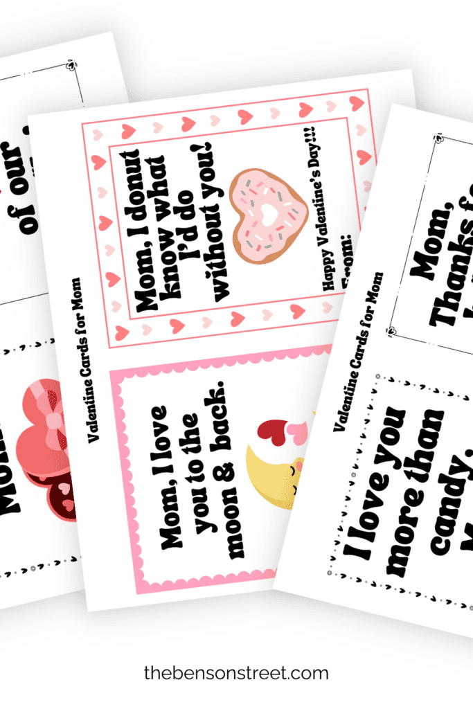 Three sheets fanned out with Mom Valentine cards on them